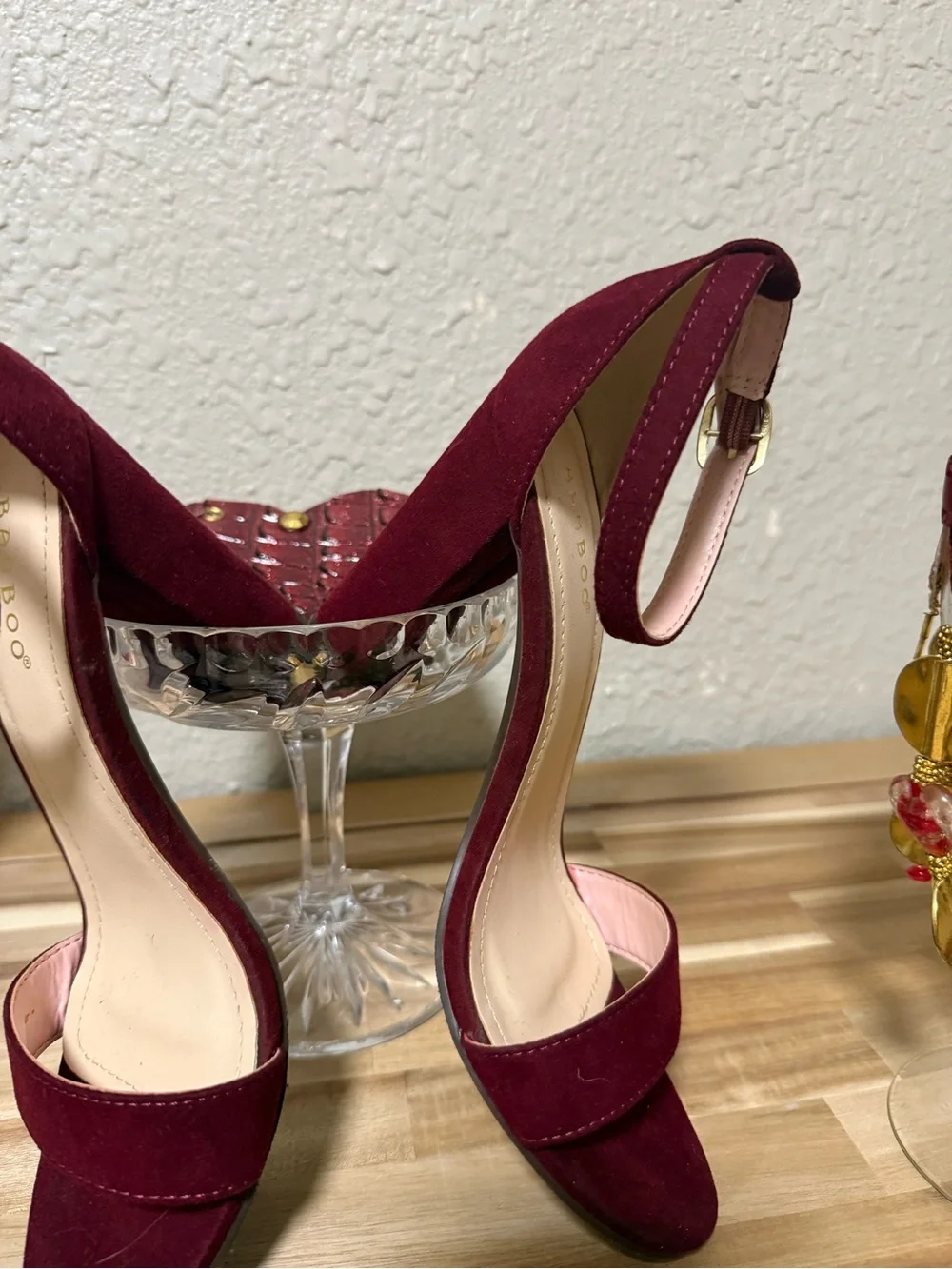 BAMBOO Burgundy Suede Block Heel Ankle Strap Sandal